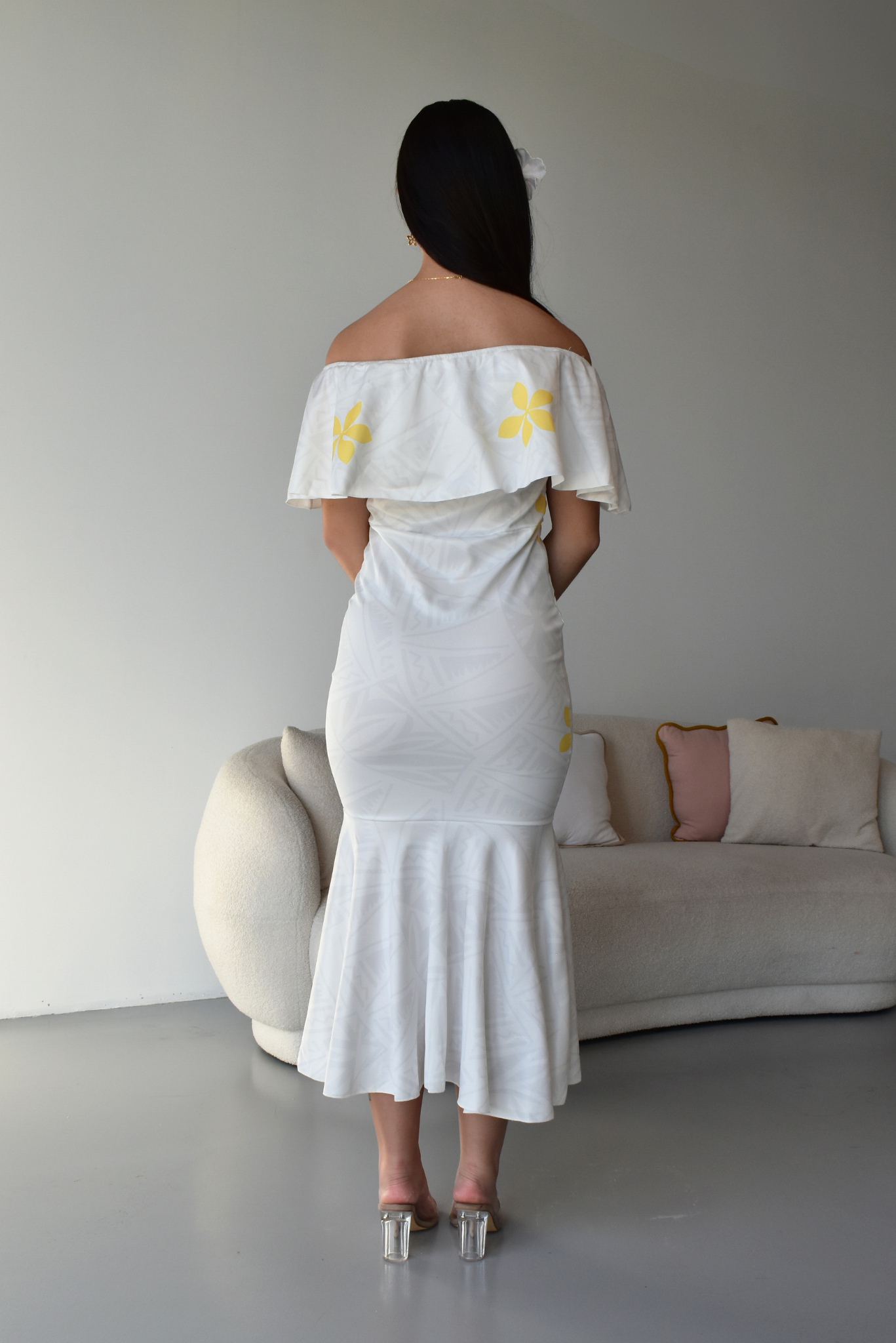 MINI TIARE - OFF SHOULDER FRILL DRESS - GOLD & WHITE