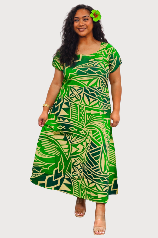 IOLANA DRESS - GREEN & TAN HIGHWAIST DRESS