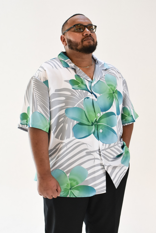 MALOSI SHIRT - COLLARED BUTTON UP SHIRT - WHITE & GREEN FLORAL PATTERN