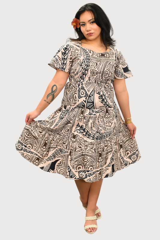SARAH DRESS - HIGH WAIST MIDI DRESS - TAN & BLACK