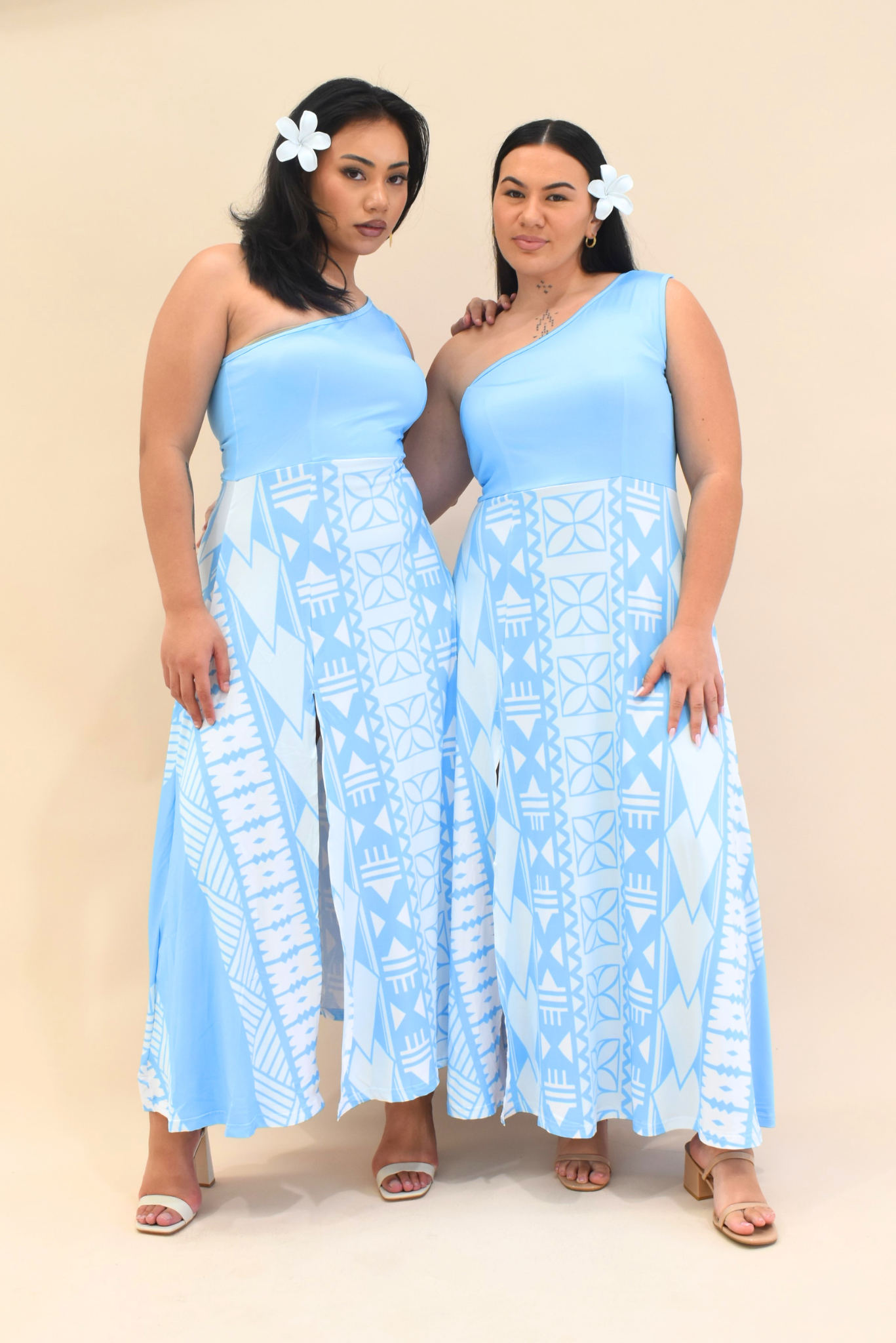 (PRE-ORDER) KANANI ONE SLEEVE MAXI DRESS WITH SPLIT - BLUE & WHITE