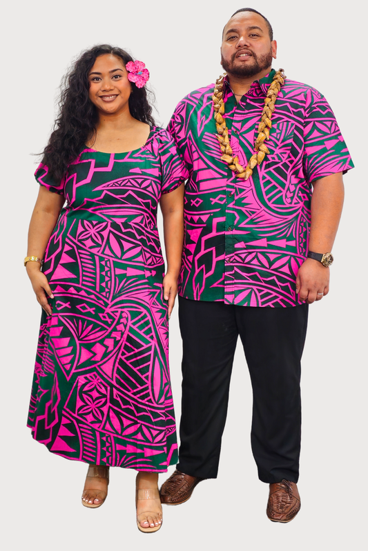 MAUI SHIRT - COLLARED BUTTON UP -  PINK & GREEN