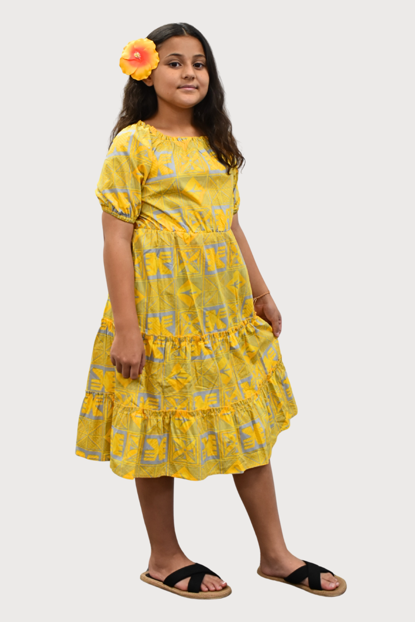 ELENA GIRLS DRESS - FLOWY DRESS - YELLOW & GREY