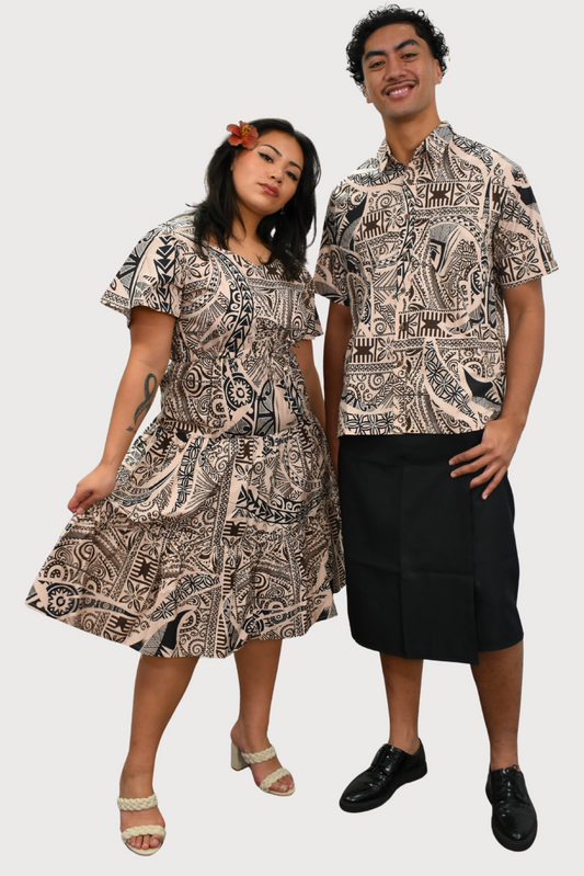 SARAH DRESS - HIGH WAIST MIDI DRESS - TAN & BLACK