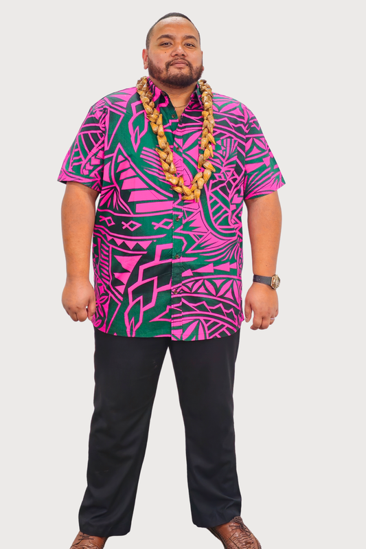 MAUI SHIRT - COLLARED BUTTON UP -  PINK & GREEN
