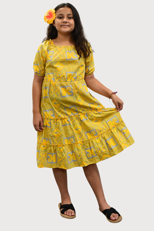 ELENA GIRLS DRESS - FLOWY DRESS - YELLOW & GREY