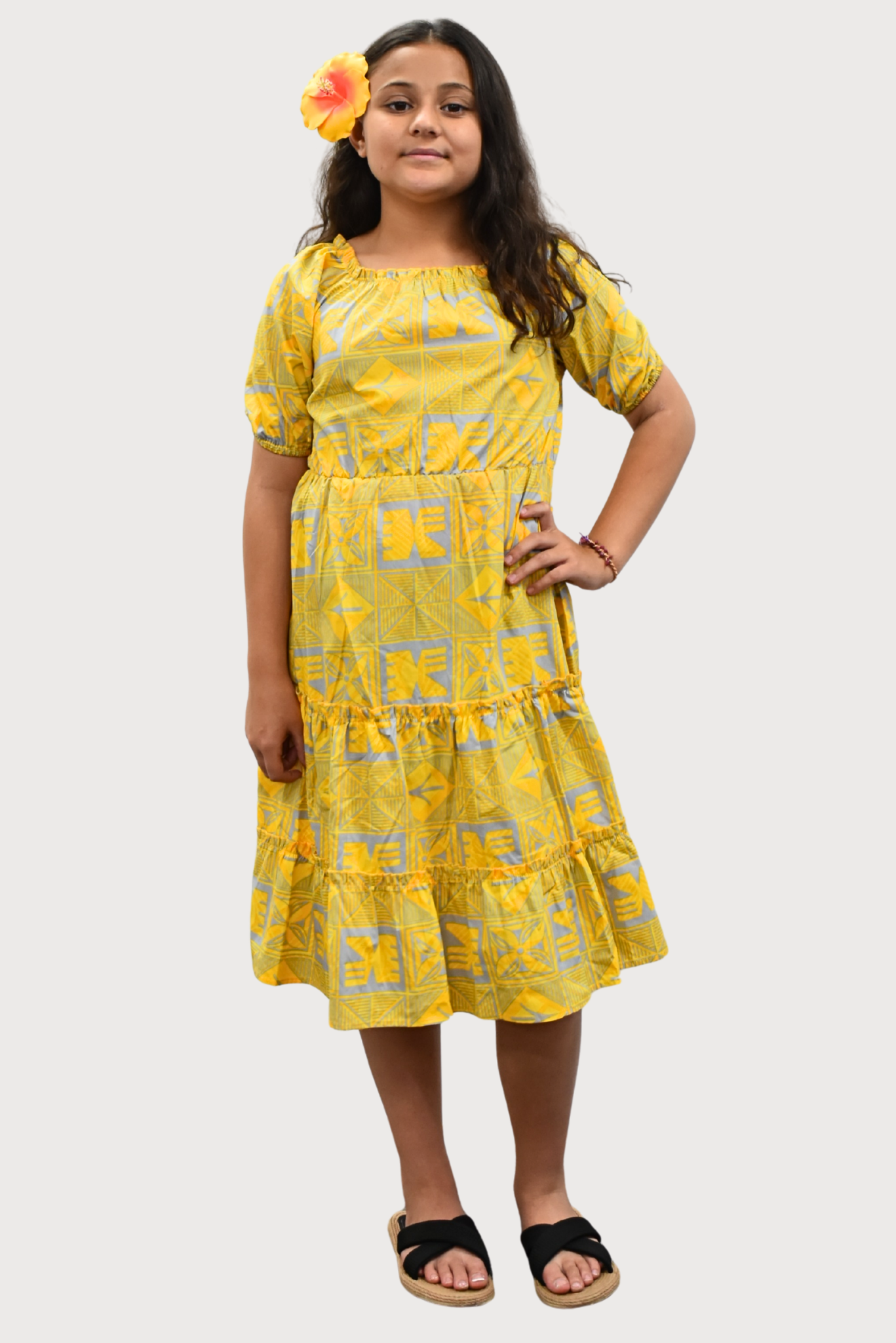 ELENA GIRLS DRESS - FLOWY DRESS - YELLOW & GREY
