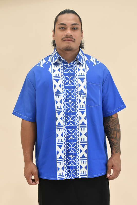 (PRE-ORDER) COLLARED BUTTON UP SHIRT - BLUE & WHITE MELANESIAN PATTERN