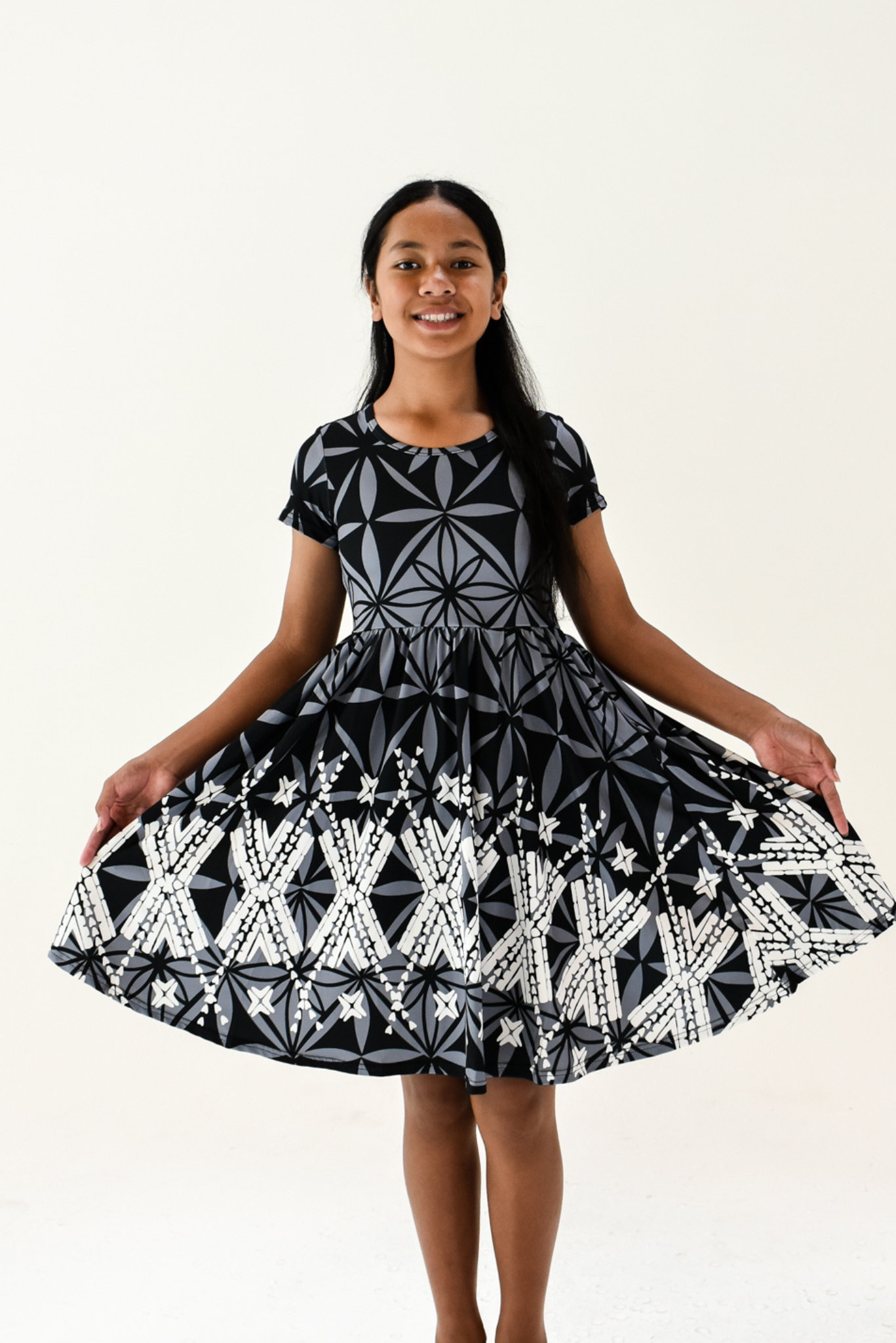 MONA GIRLS DRESS - ALINE FLOWY DRESS - BLACK & GREY