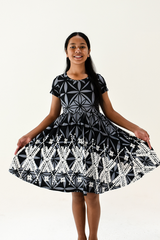 MONA GIRLS DRESS - ALINE FLOWY DRESS - BLACK & GREY