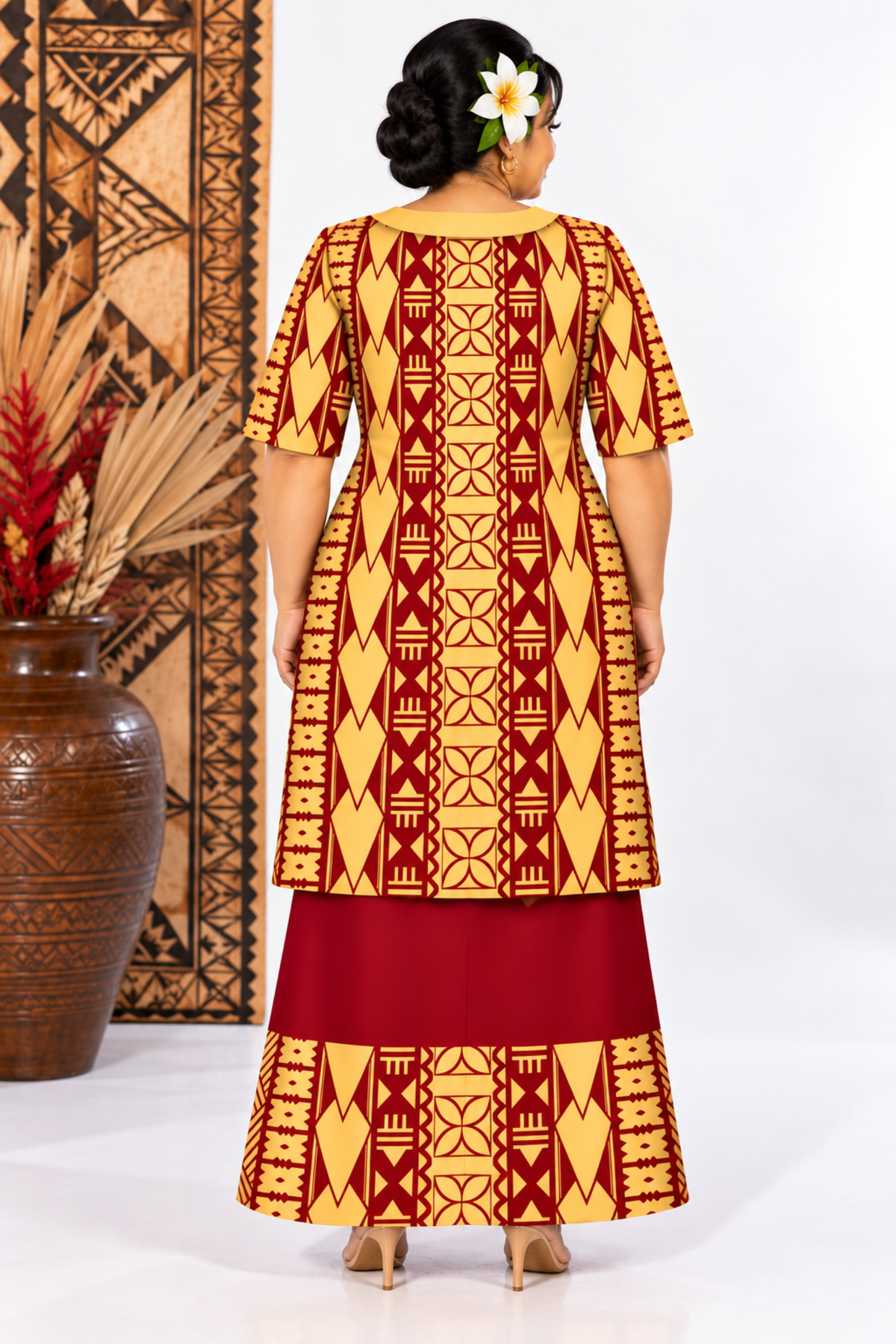 (PRE-ORDER) ROUND NECK LAYERED PULETASI - TWO PIECE OUTFIT - GOLD & MAROON