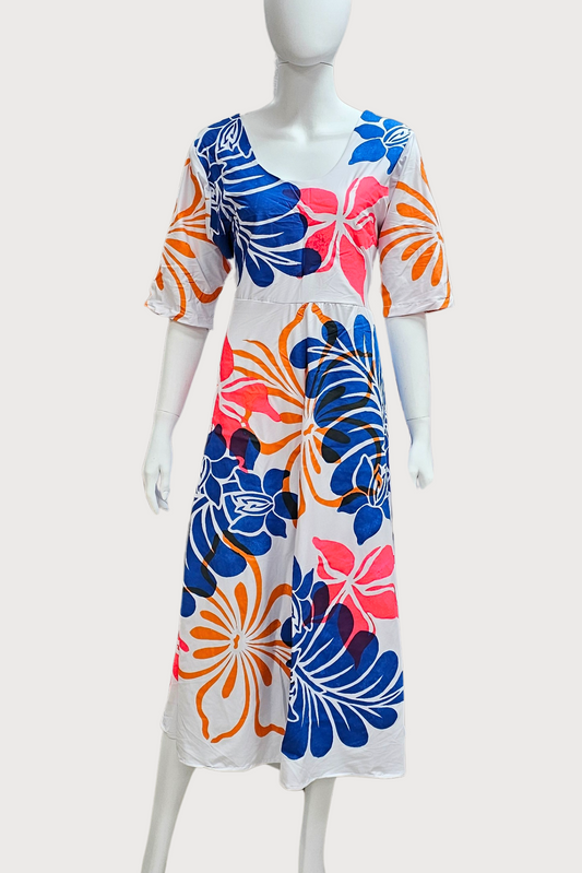WHITE, BLUE & PINK FLORAL HIGHWAIST DRESS