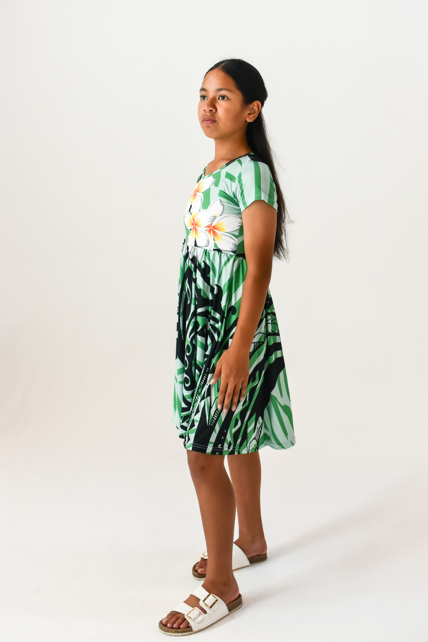 DAVINA GIRLS DRESS - A-LINE MIDI FLOWY DRESS - GREEN & BLACK