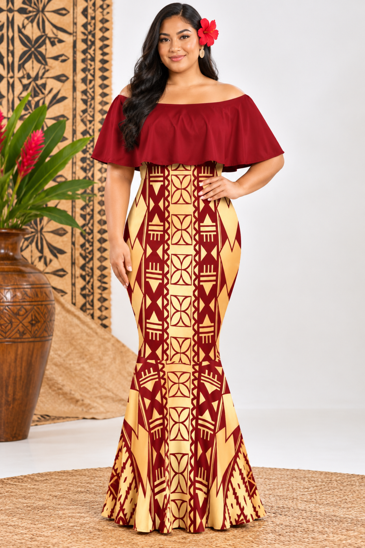 (PRE-ORDER) DRESS - OFF SHOULDER FRILL MAXI -GOLD & MAROON