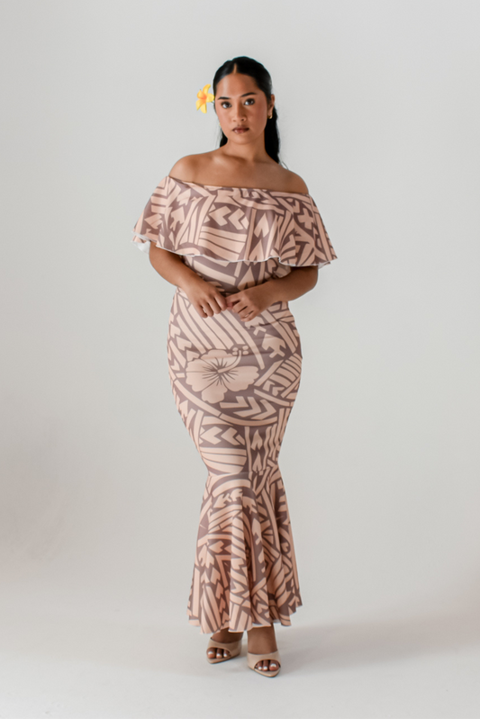 (PRE-ORDER) LALOLANI DRESS - OFF SHOULDER FRILL MAXI - TAN BROWN