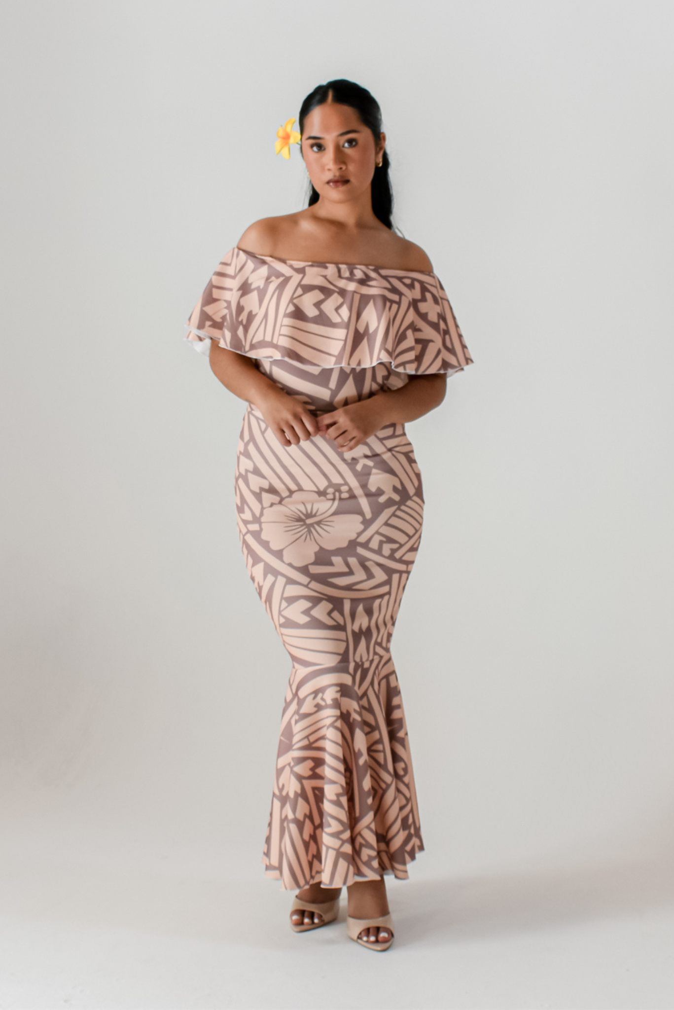 LALOLANI DRESS - OFF SHOULDER FRILL MAXI - TAN BROWN