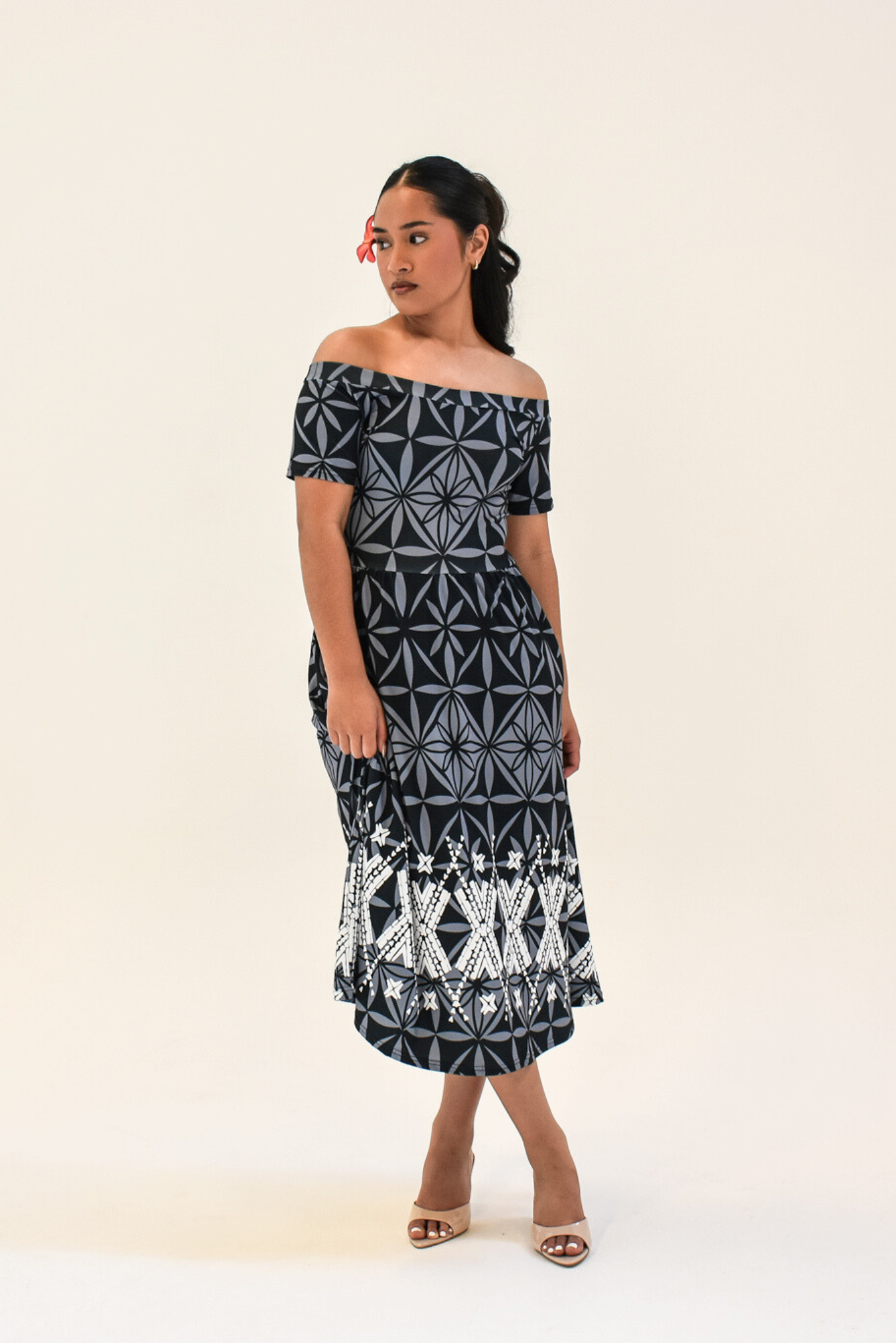 MONA DRESS - A LINE MIDI FLOW DRESS - BLACK & GREY