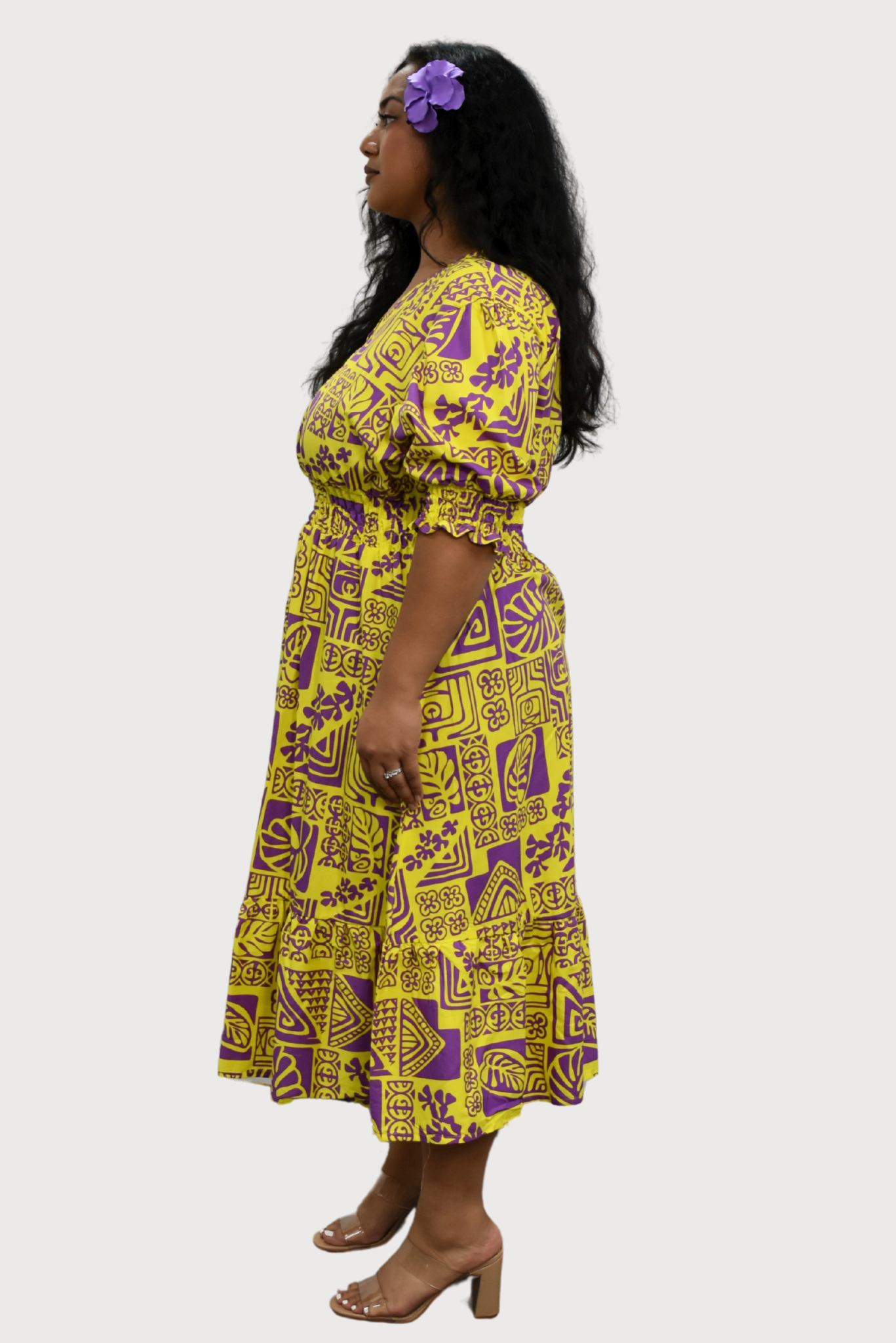ANNA DRESS - ELASTIC WAIST A-LINE DRESS - YELLOW & PURPLE