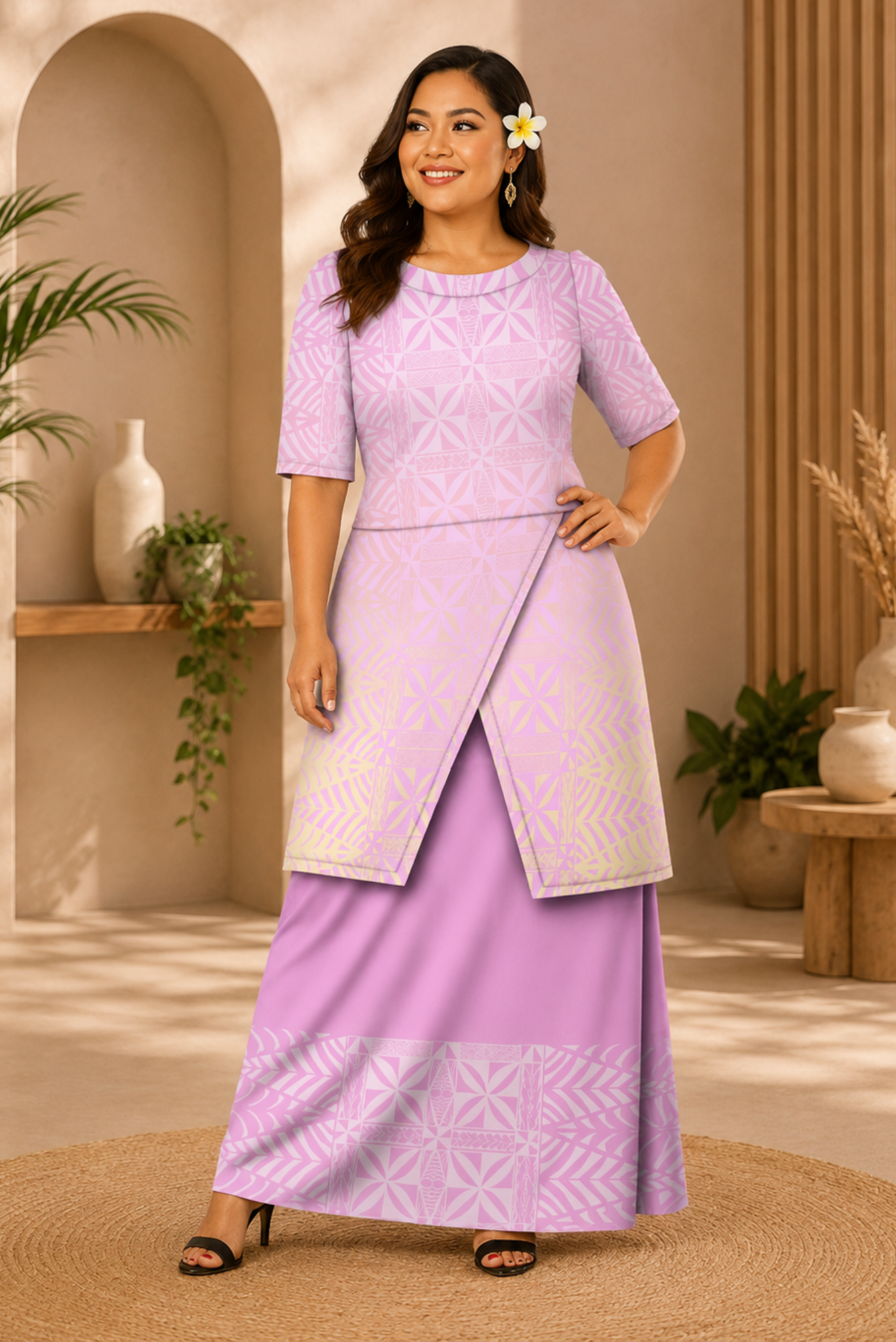 (PRE-ORDER) ROUND NECK LAYERED PULETASI - TWO PIECE OUTFIT - PINK & WHITE