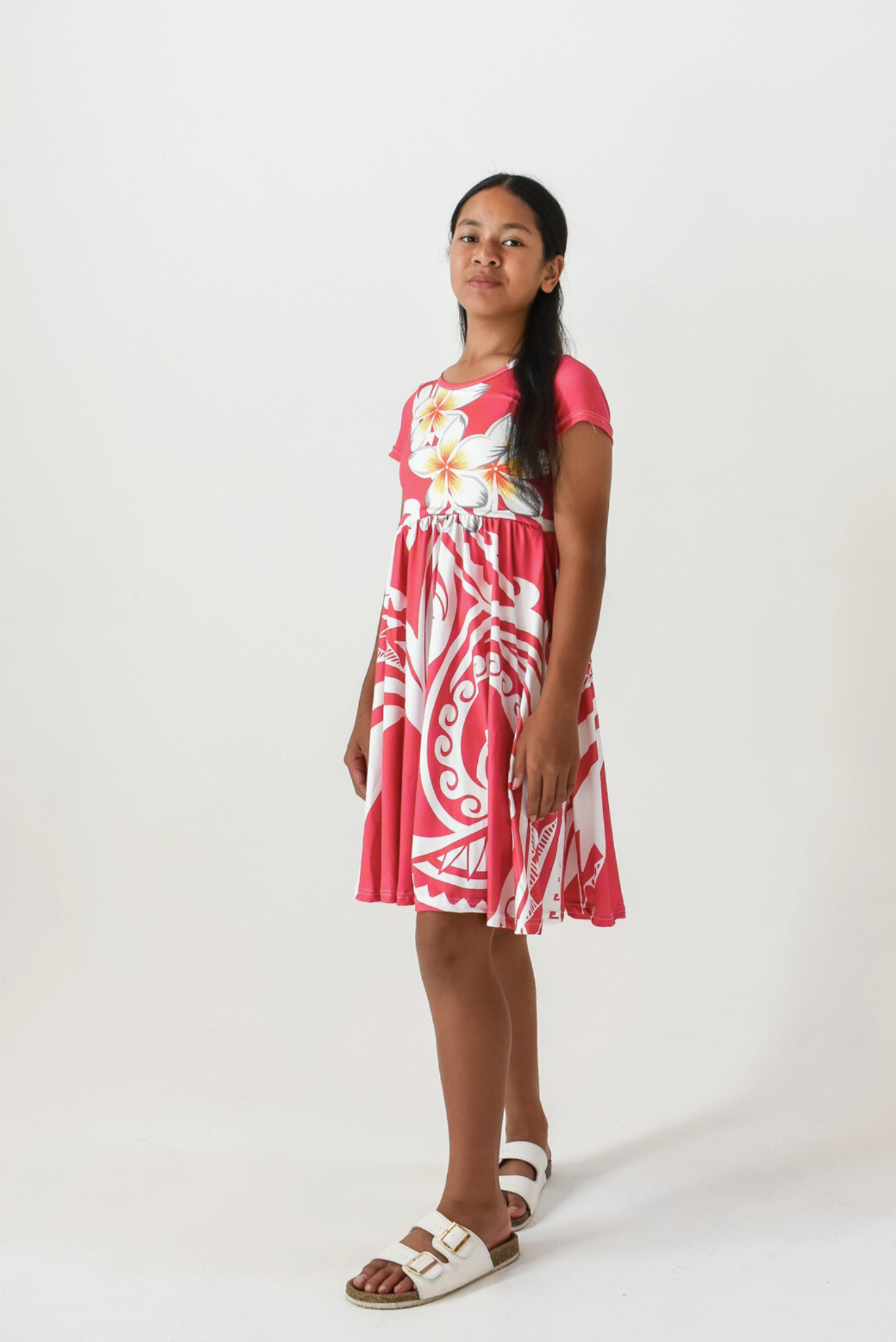 DAVINA GIRLS DRESS - A-LINE MIDI FLOWY DRESS - PINK & WHITE