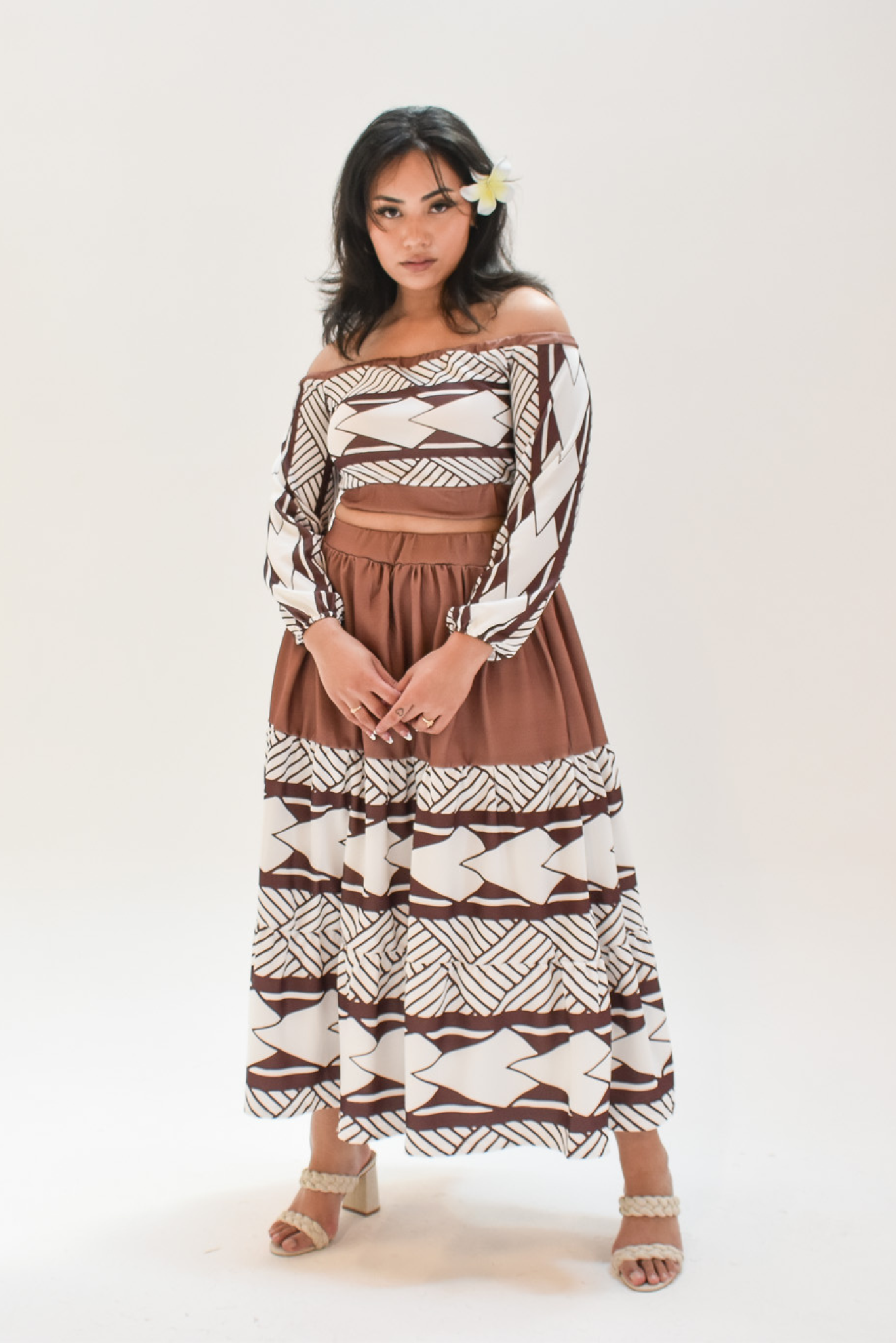 MIA DRESS - CROP TOP LONG SLEEVE DRESS - BROWN & WHITE