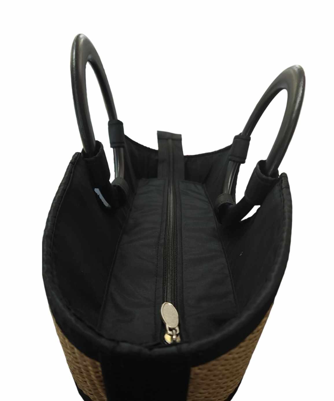 ISLAND INSPIRED WOVEN MAT BAG WITH BLACK INTERIOR -BROWN ZIGZAG