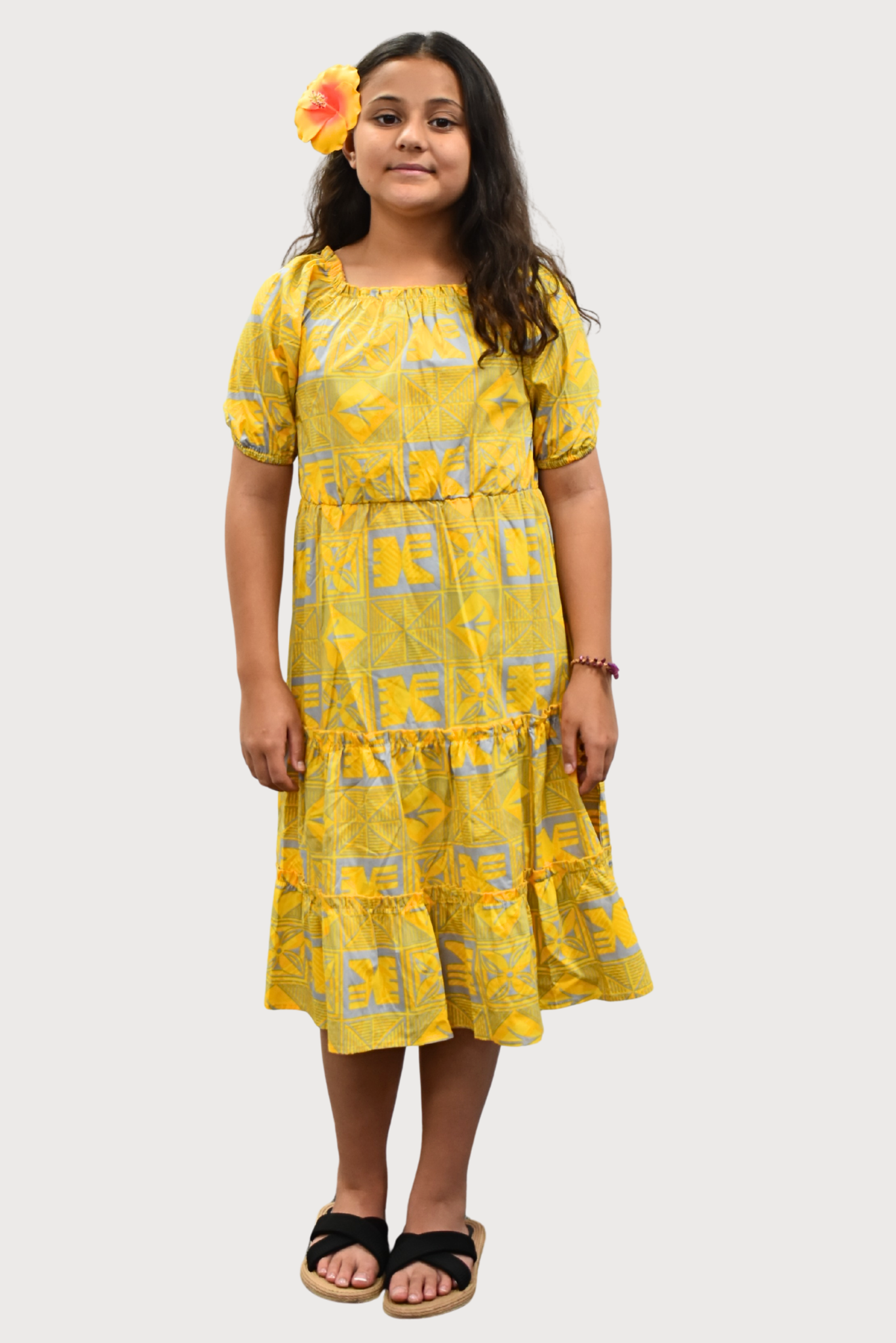 ELENA GIRLS DRESS - FLOWY DRESS - YELLOW & GREY