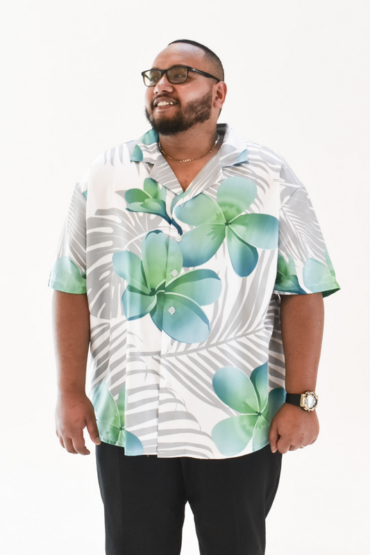 MALOSI SHIRT - COLLARED BUTTON UP SHIRT - WHITE & GREEN FLORAL PATTERN