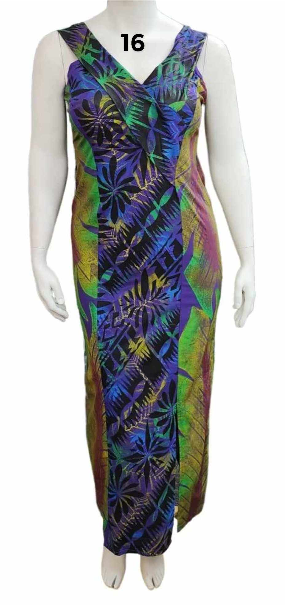 PURPLE & GREEN V-NECK ISLAND DRESS WITH NO SLEEVES - SIZE 16