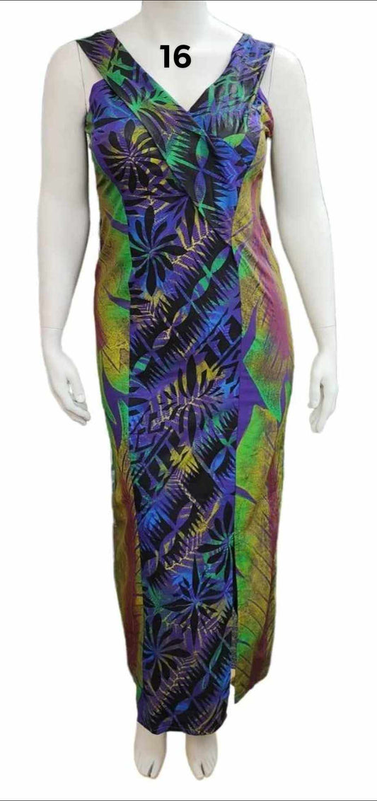 PURPLE & GREEN V-NECK ISLAND DRESS WITH NO SLEEVES - SIZE 16
