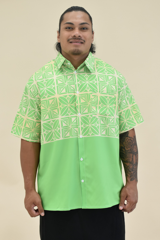 (PRE-ORDER) COLLARED BUTTON UP SHIRT - GREEN & YELLOW PATTERN