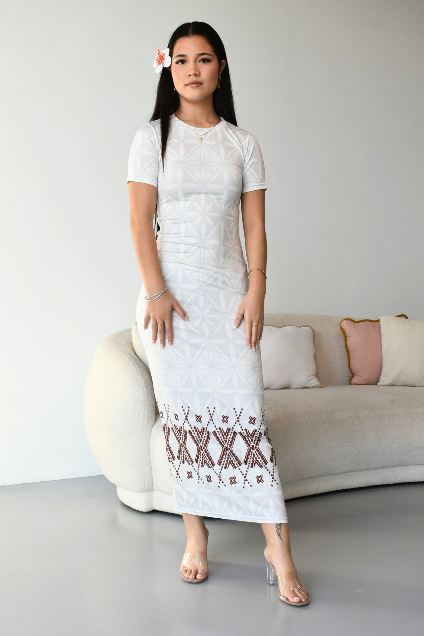 MONA DRESS - BODYCON - WHITE MELANESIAN PATTERN