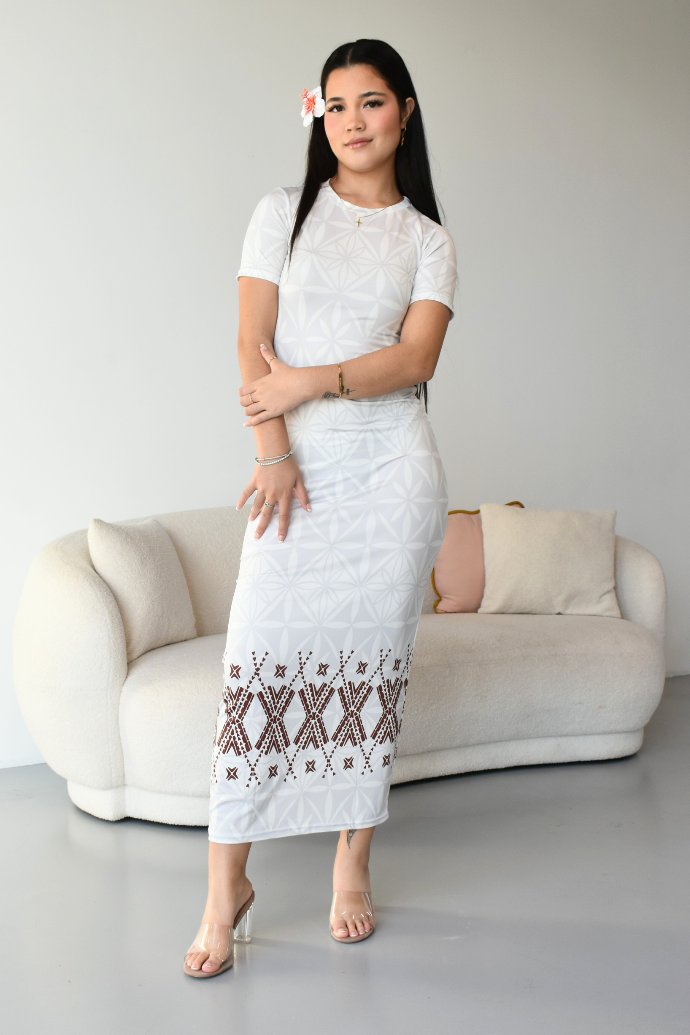 MONA DRESS - BODYCON - WHITE MELANESIAN PATTERN