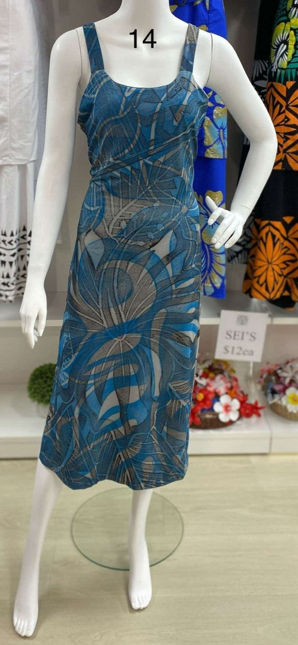 BLUE TRIBAL DESIGN DRESS NO SLEEVES - SIZE 14