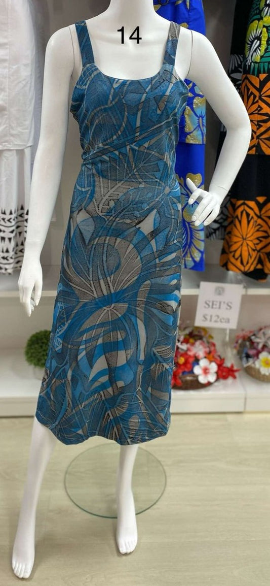 BLUE TRIBAL DESIGN DRESS NO SLEEVES - SIZE 14