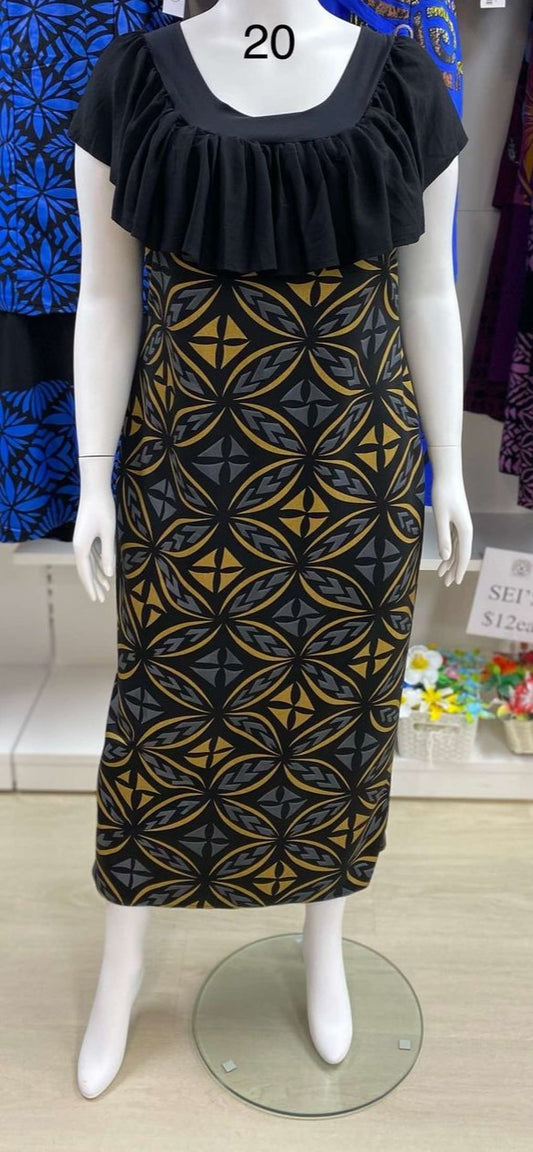 BLACK AND GOLD ISLAND DRESS WITH FRILL - SIZE 20