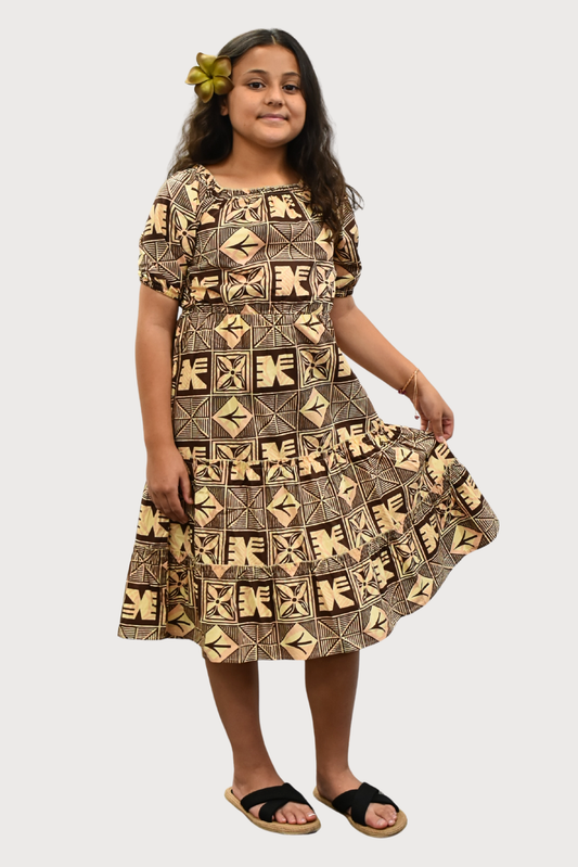 ELENA GIRLS DRESS - FLOWY DRESS - BEIGE & BROWN