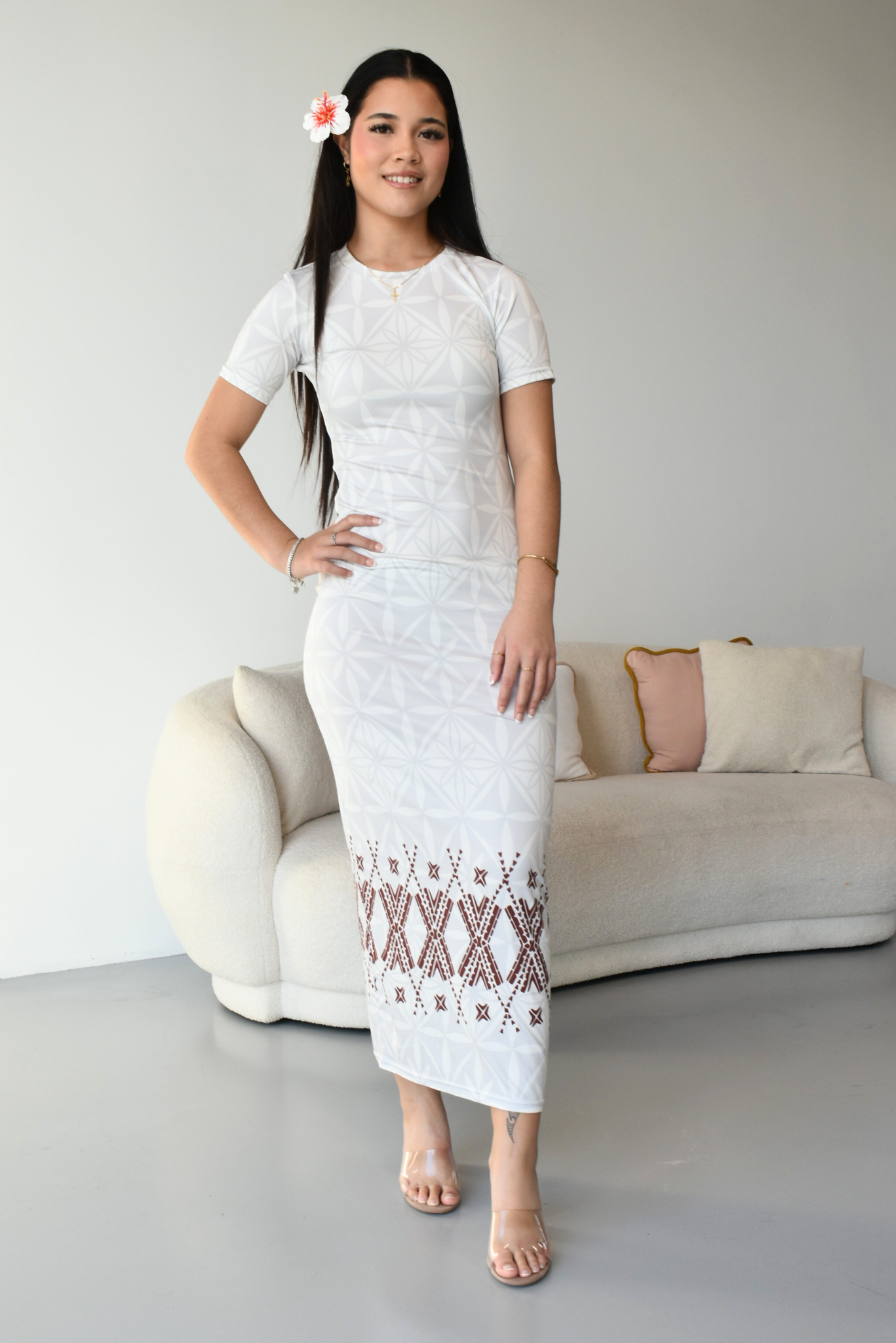 MONA DRESS - BODYCON - WHITE MELANESIAN PATTERN
