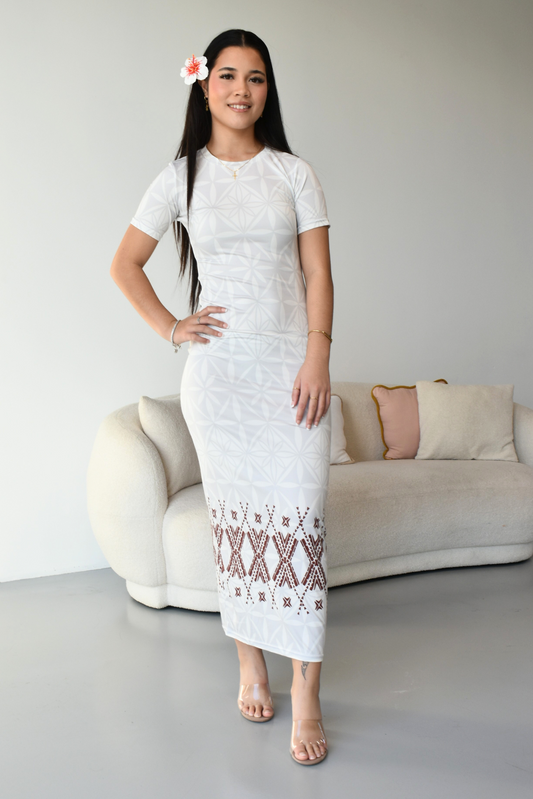 MONA DRESS - BODYCON - WHITE MELANESIAN PATTERN