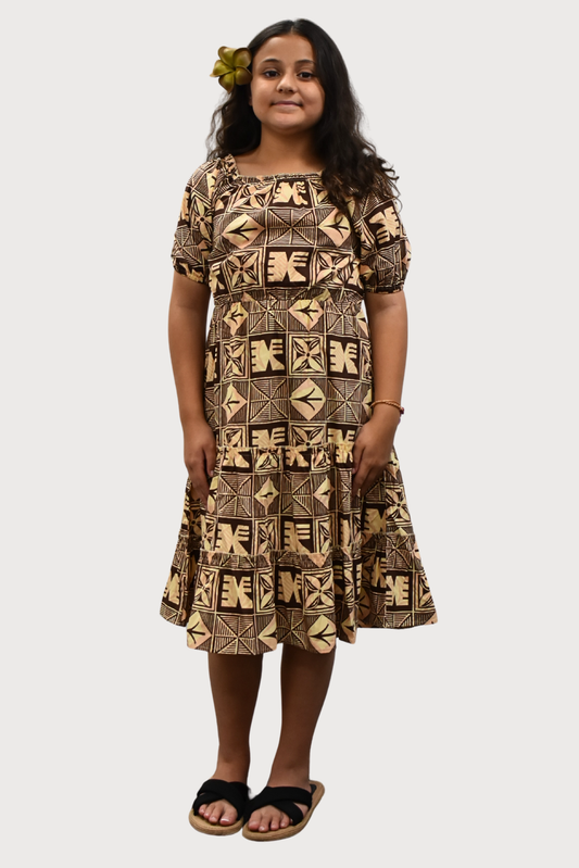 ELENA GIRLS DRESS - FLOWY DRESS - BEIGE & BROWN