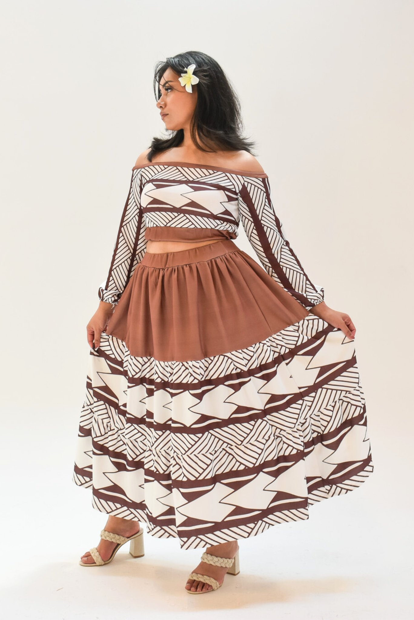 MIA DRESS - CROP TOP LONG SLEEVE DRESS - BROWN & WHITE