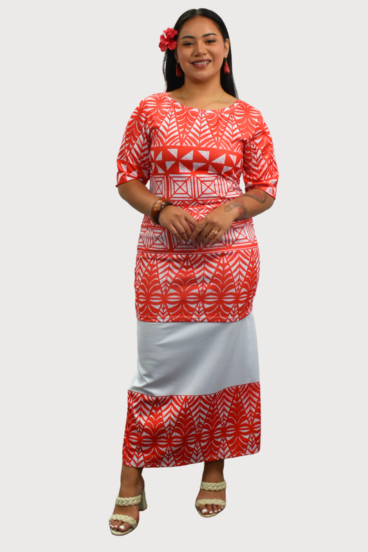 TALIA PULETASI - ROUND NECK PULETASI - TWO PIECE OUTFIT - RED & WHITE