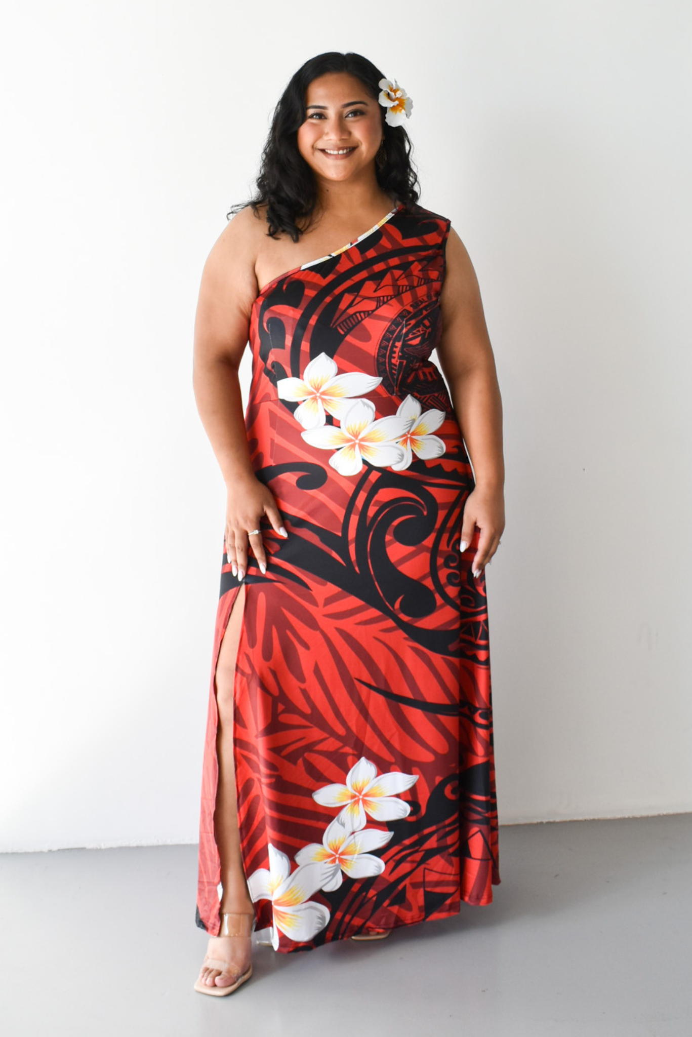 DAVINA DRESS - ONE SHOULDER MAXI DRESS - RED & BLACK PATTERN