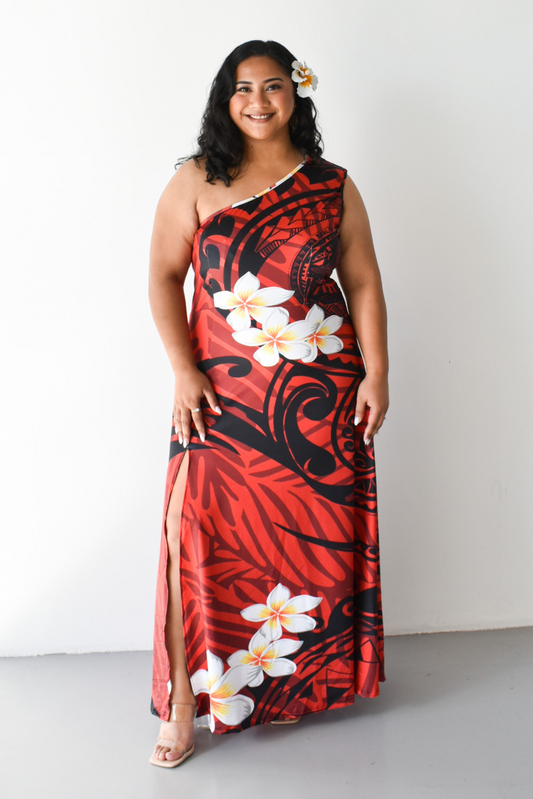 DAVINA DRESS - ONE SHOULDER MAXI DRESS - RED & BLACK PATTERN