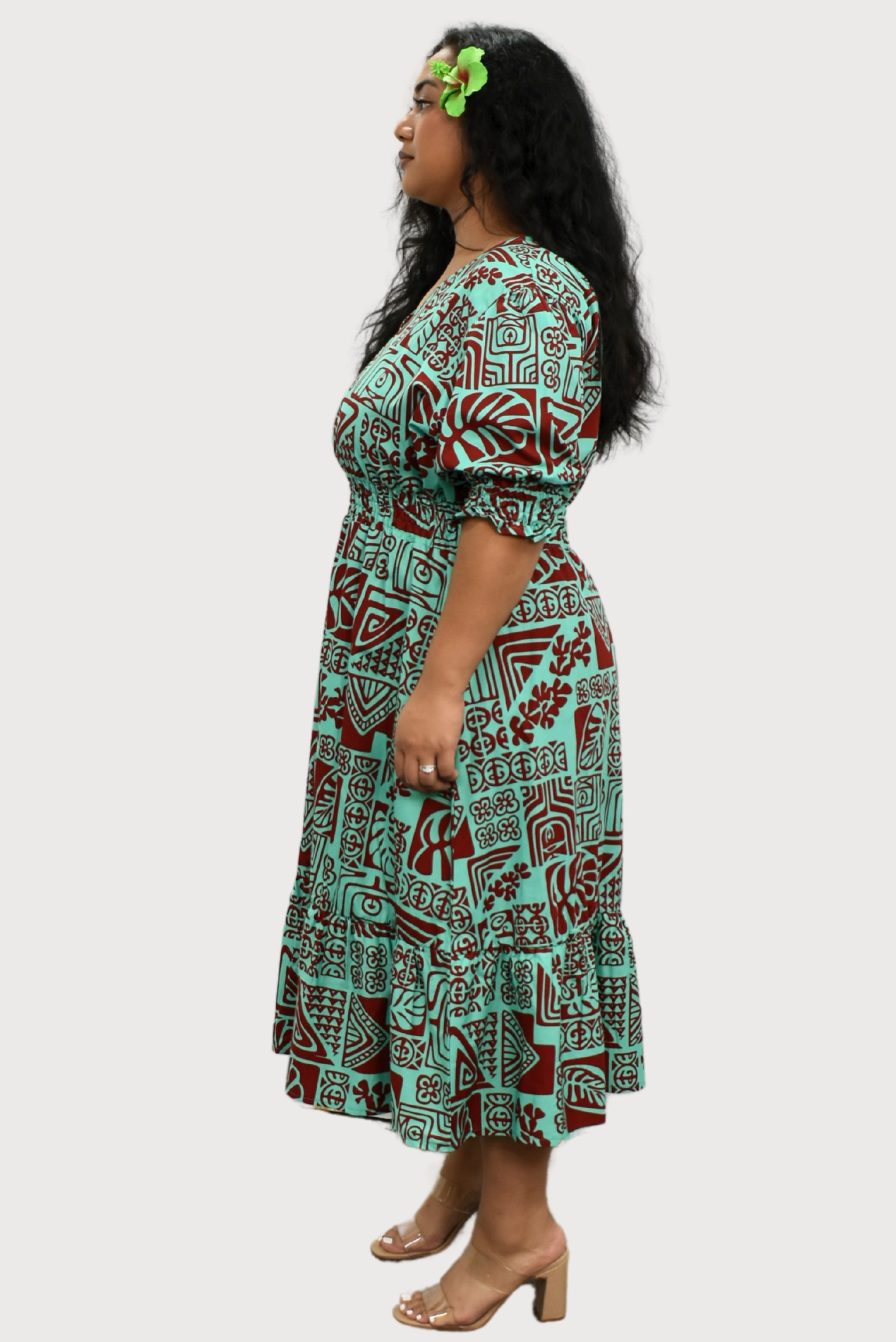 ANNA DRESS - ELASTIC WAIST A-LINE DRESS - MINT & MAROON