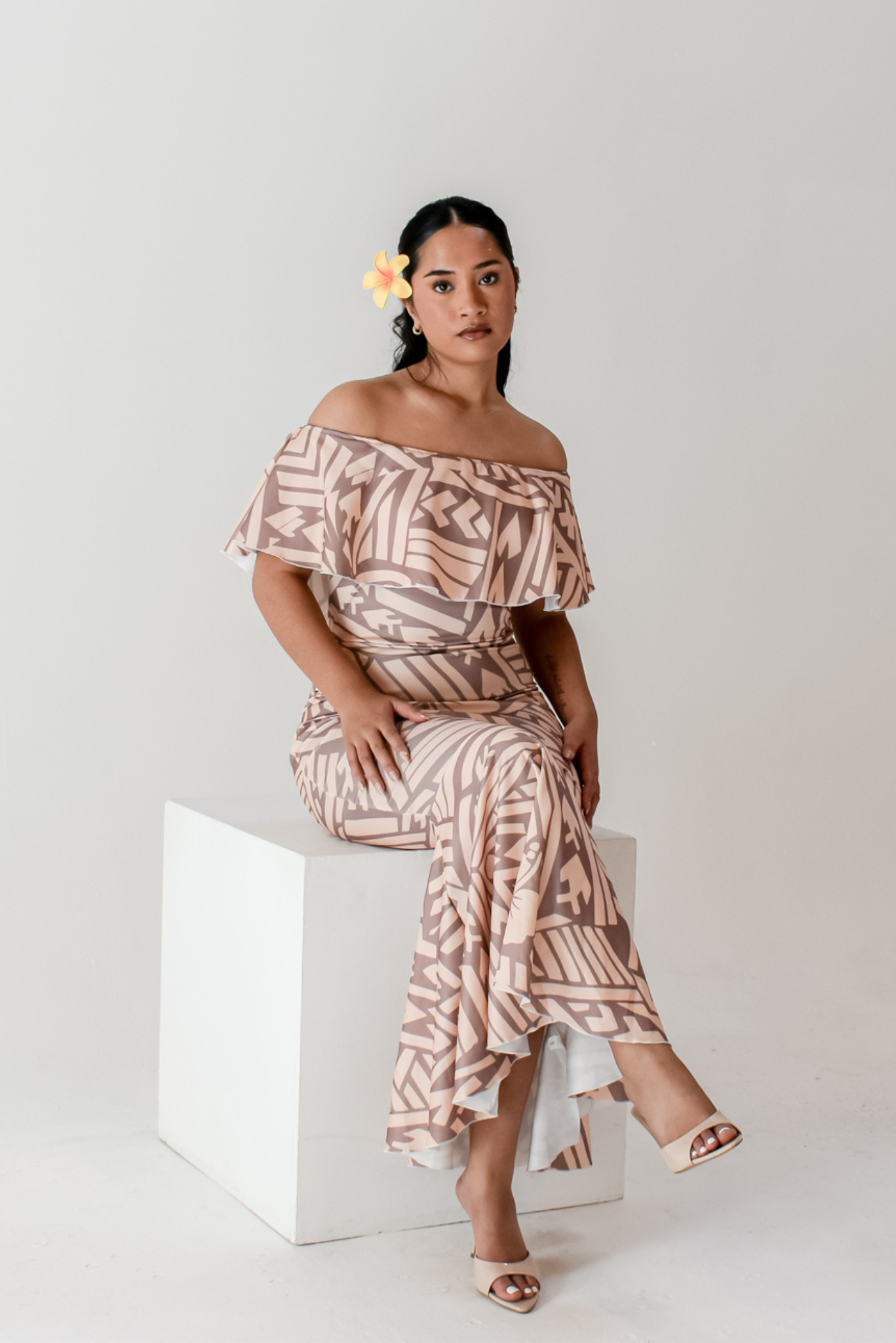 (PRE-ORDER) LALOLANI DRESS - OFF SHOULDER FRILL MAXI - TAN BROWN