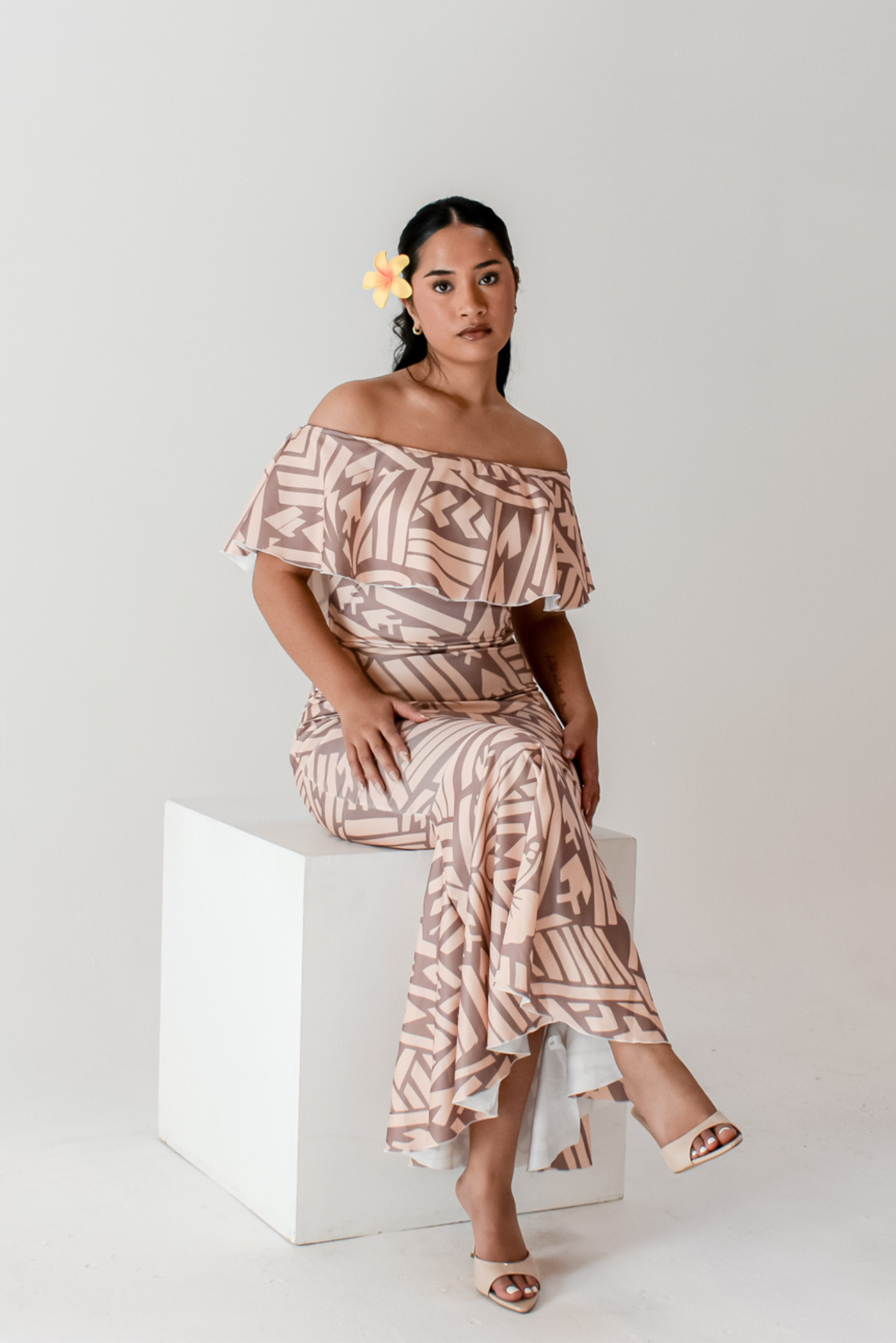 LALOLANI DRESS - OFF SHOULDER FRILL MAXI - TAN BROWN