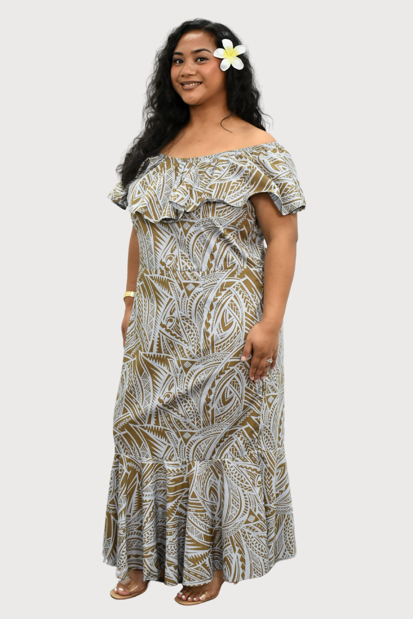 KALANI - OFF SHOULDER FRILL MAXI DRESS - GREY & BEIGE