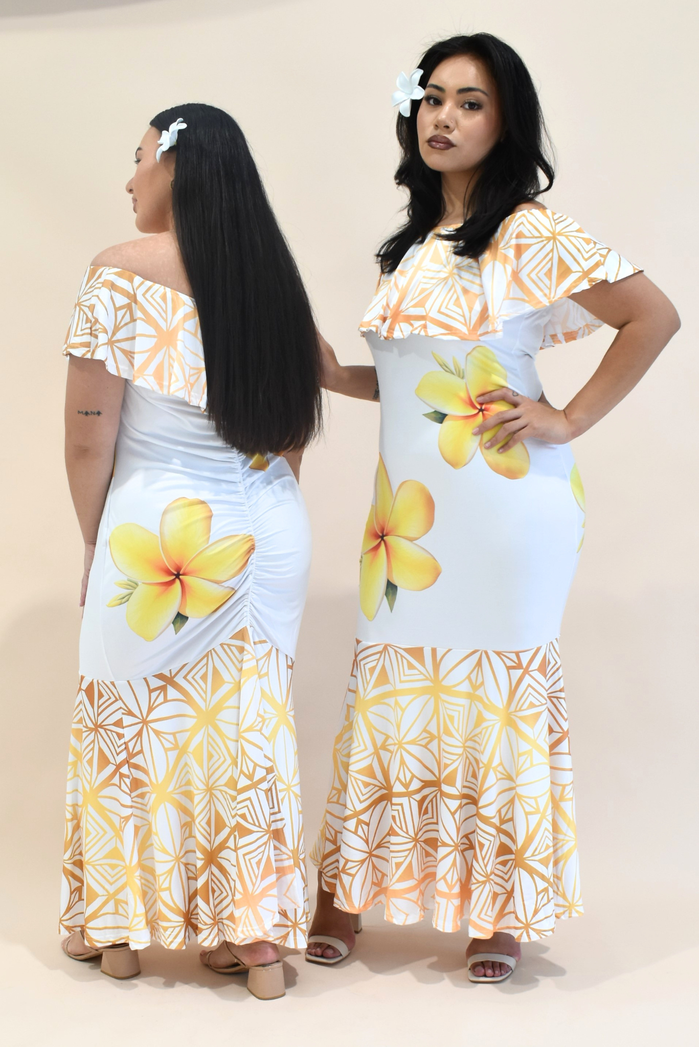 (PRE-ORDER) GOLD TIARE - FRILL RUCHED MERMAID DRESS - GOLD & WHITE