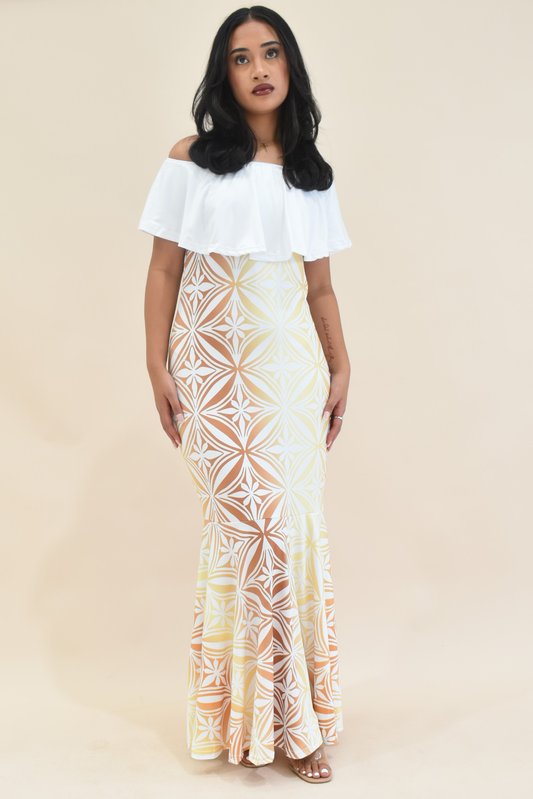 (PRE-ORDER) SERENA DRESS - OFF SHOULDER FRILL MAXI - GOLD & WHITE